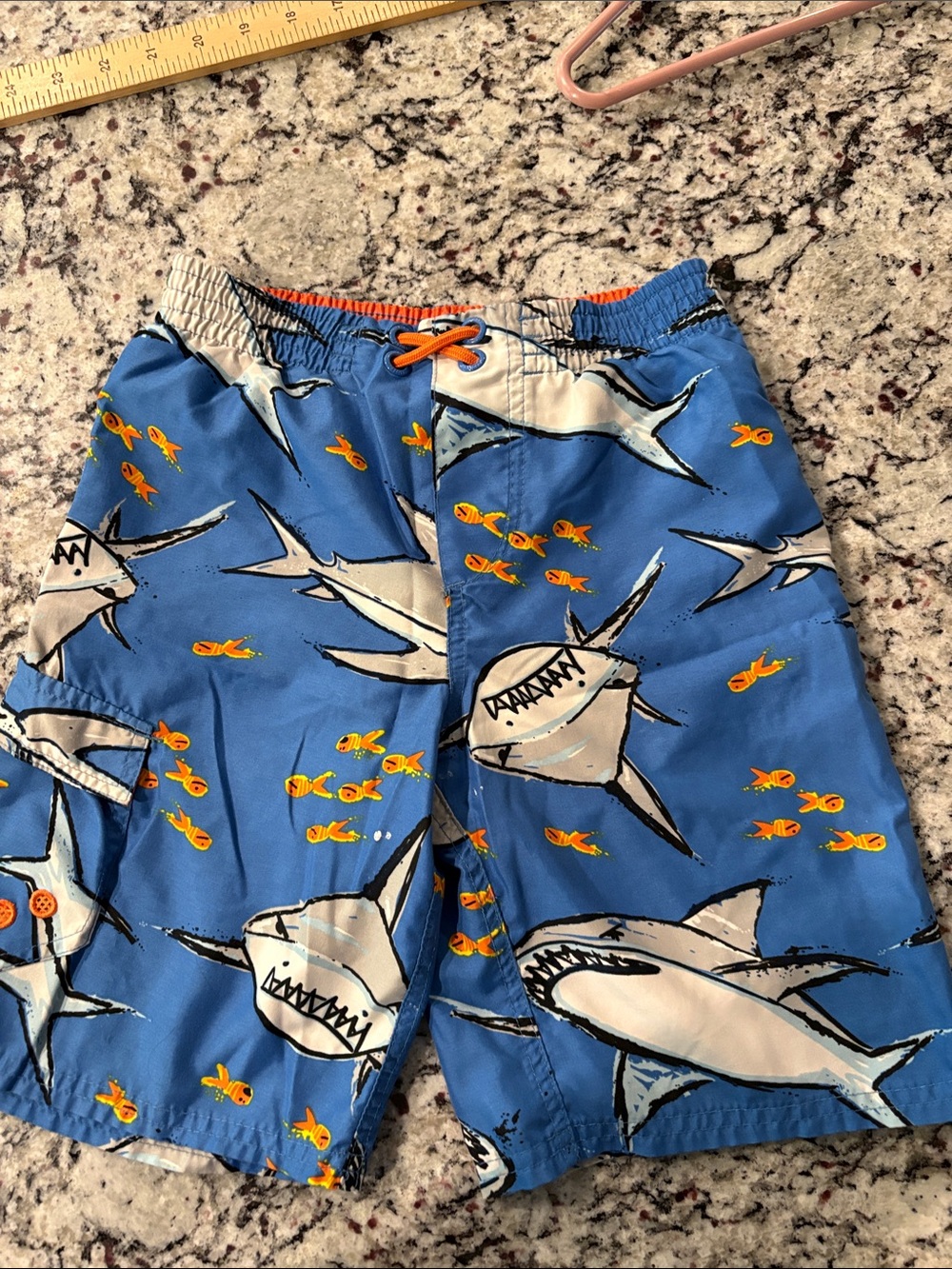 OshKosh B'gosh Orange and Blue Boys Swim Shorts with Shark Print size 5.